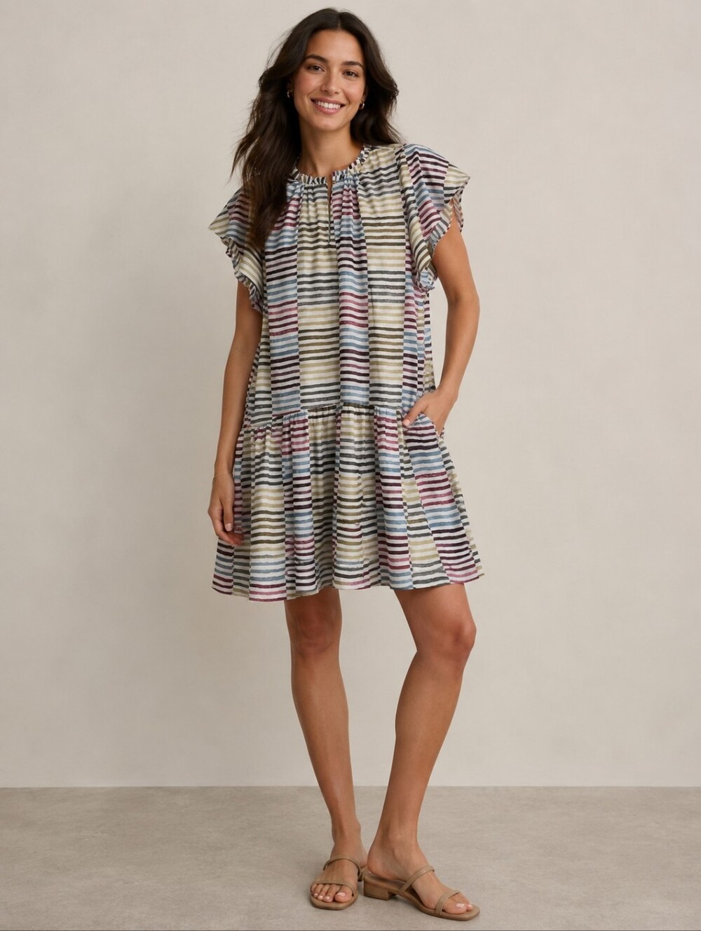 Loft Multicolor Striped Ruffle Sleeve Dress